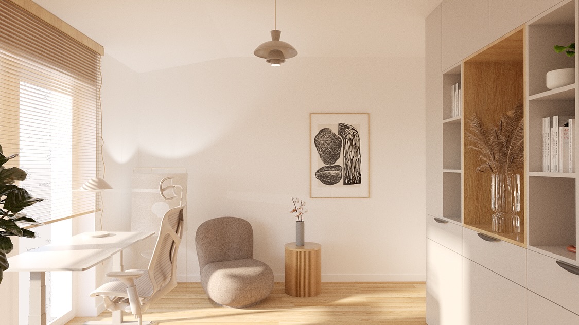 Japandi – miękkie biuro w naturalnych beżach i drewnie, minimalistyczne wnętrze Gdańsk