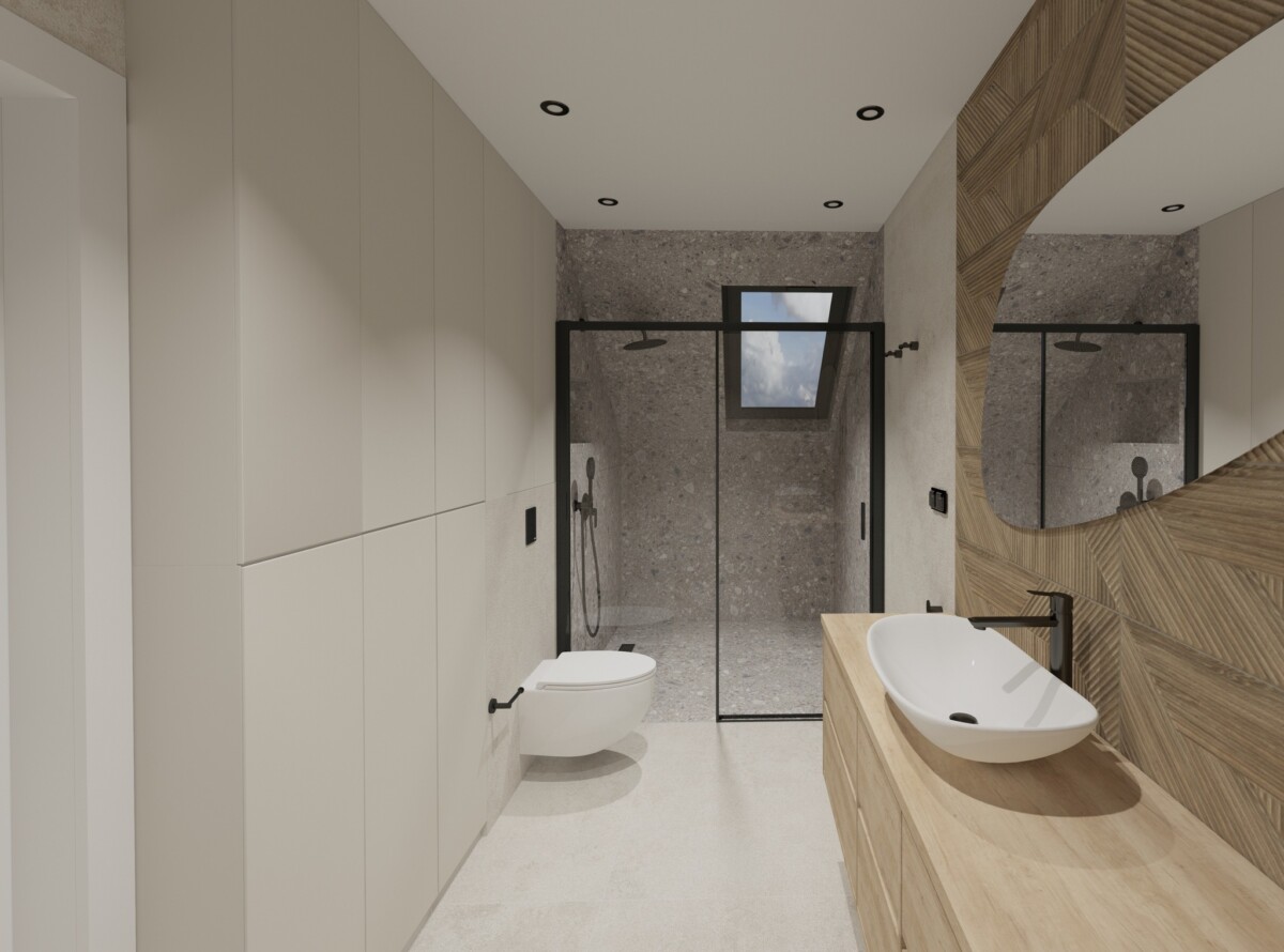 Prosta łazienka na poddaszu w Gdańsku – jasne wnętrze, drewno i biała ceramika