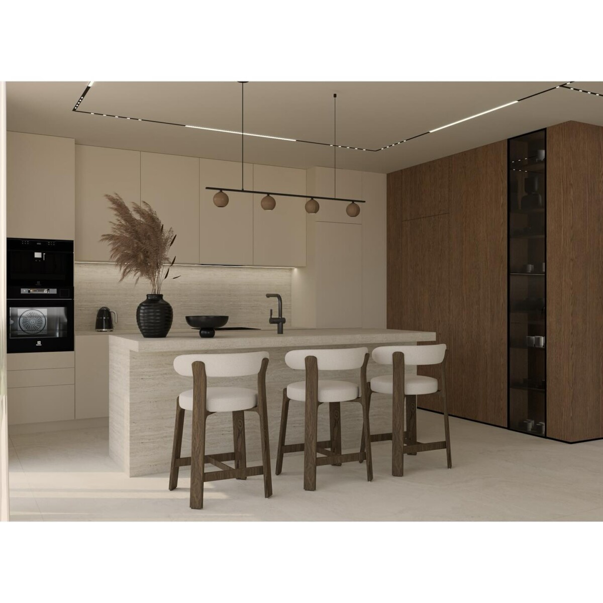 Minimalistyczna kuchnia w domu w Gdańsku – ciepła kolorystyka, ukryta spiżarnia i styl wabi sabi