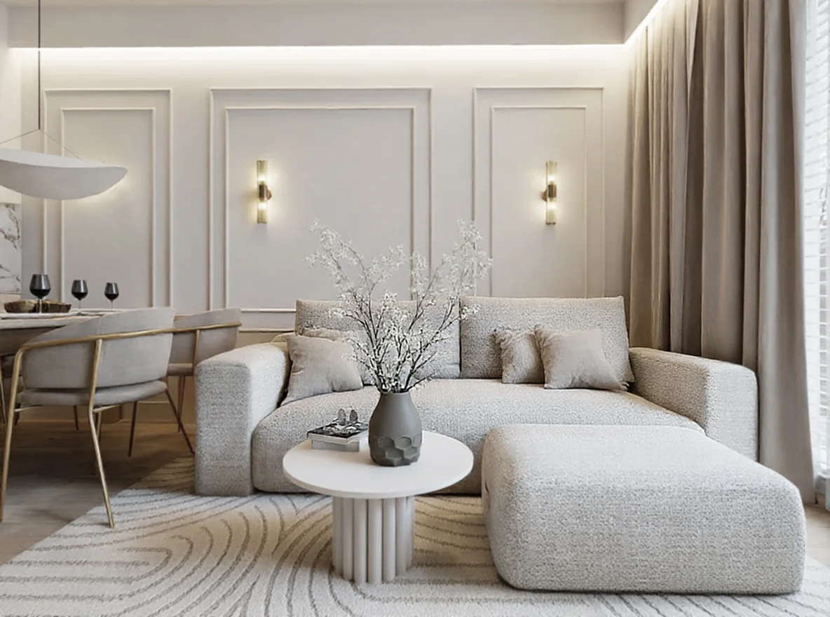 Małe mieszkanie w stylu japandi 43 m² w Gdańsku – minimalizm, drewno, kaszmirowe beże i marmurowe detale