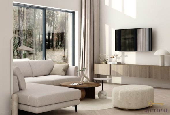 Nowoczesny dom z antresolą 150 m² – ciepłe drewno, biel i beże, minimalizm z bogatą sztukaterią